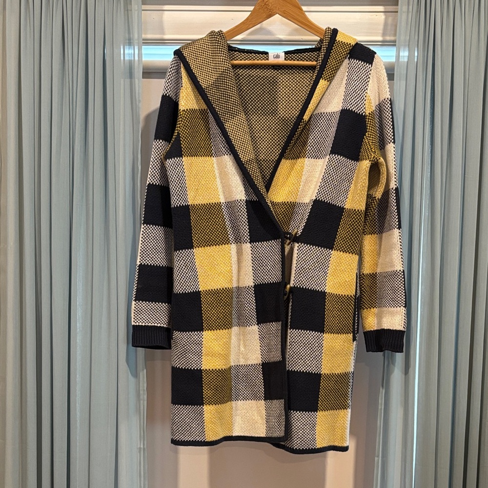 CAbi Yellow and Navy Plaid Hooded Sweater Coat Cardigan, small
